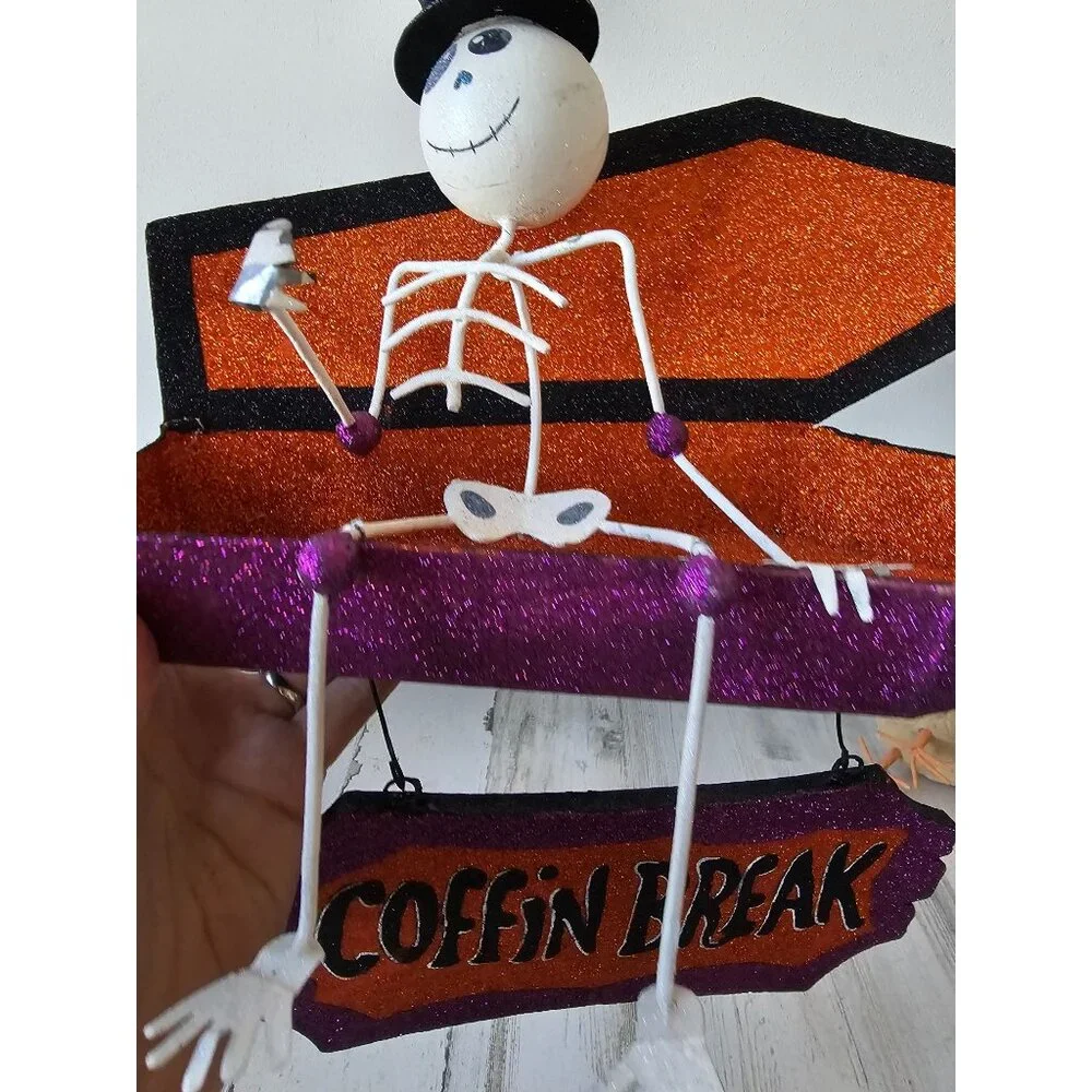 Pier 1 skeleton coffin break glitter RARE Halloween sign hanging decor unique sp